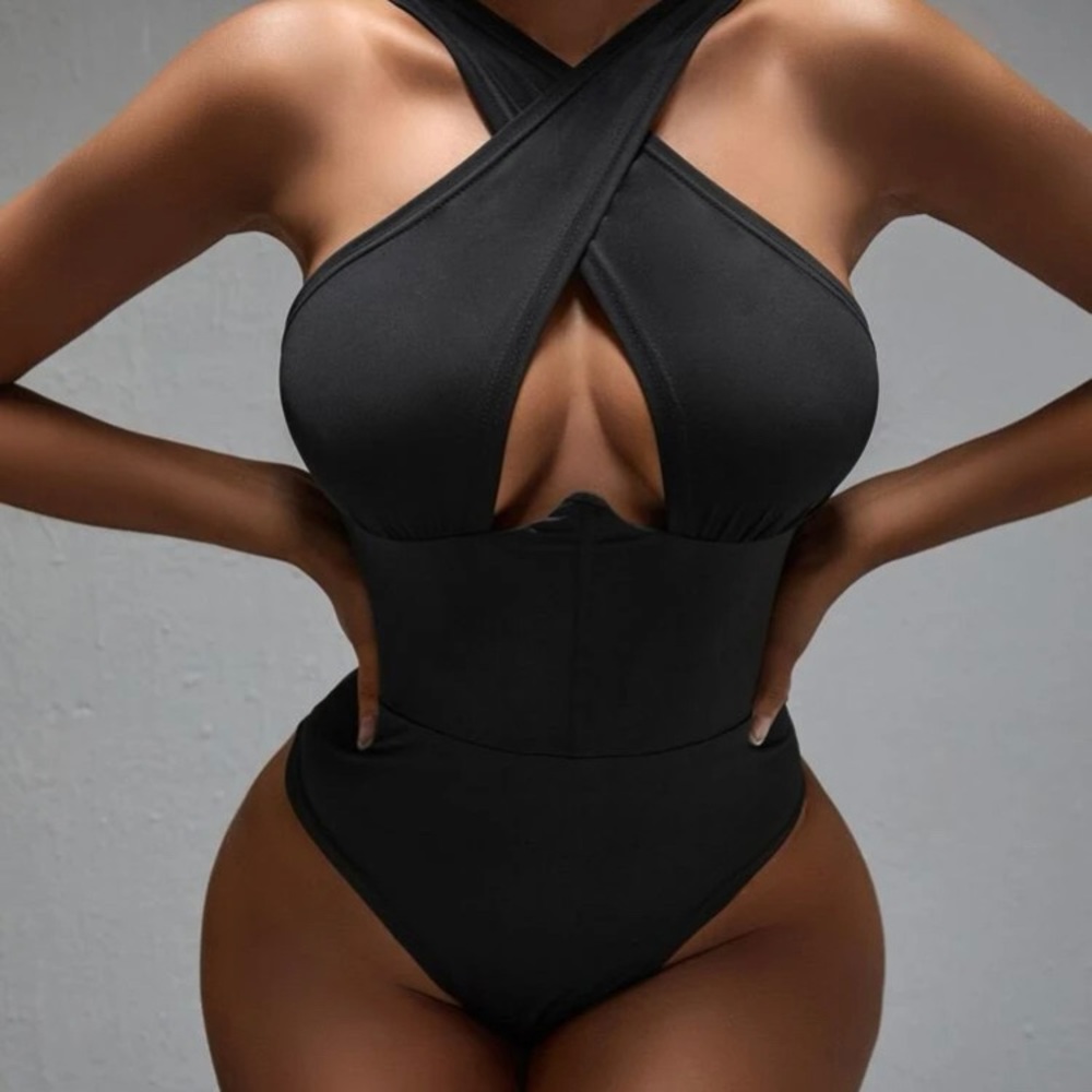 Sexy black cross wrap cut out body suit